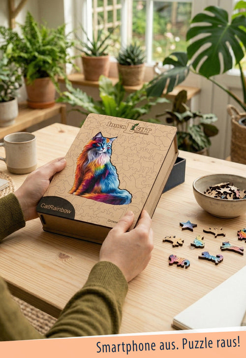 Cat Rainbow – Farbenfrohes Katzenmotiv als hochwertiges Holzpuzzle