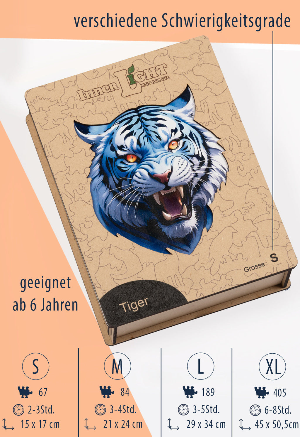 Tiger – Dynamisches Tigerporträt als hochwertiges Holzpuzzle