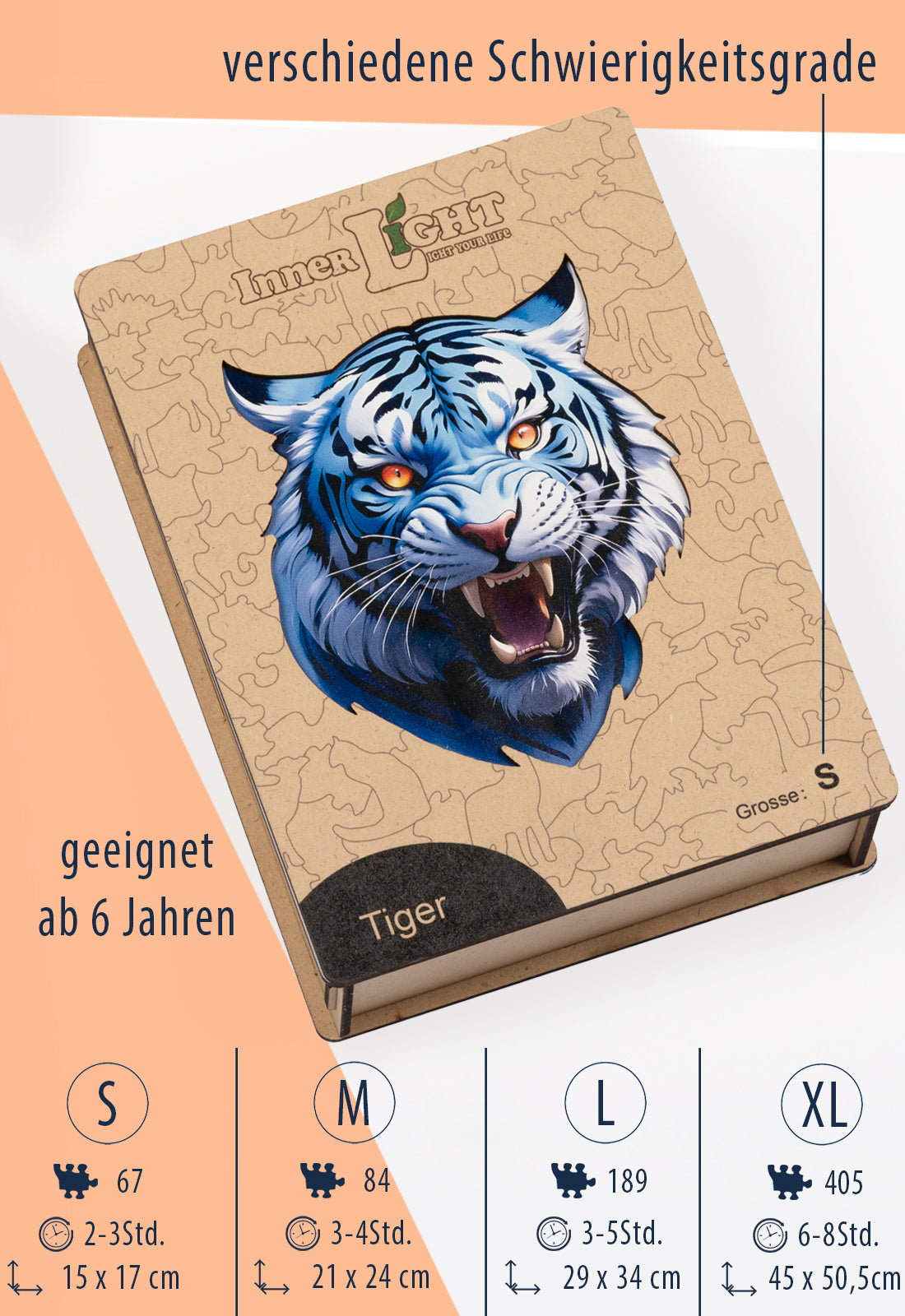 Tiger – Dynamisches Tigerporträt als hochwertiges Holzpuzzle