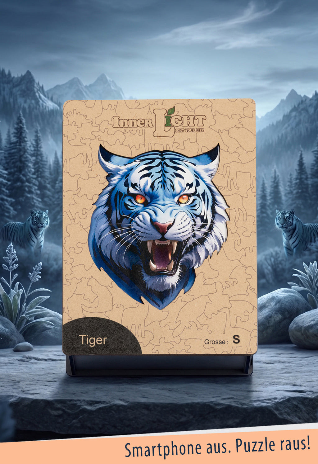Tiger – Dynamisches Tigerporträt als hochwertiges Holzpuzzle