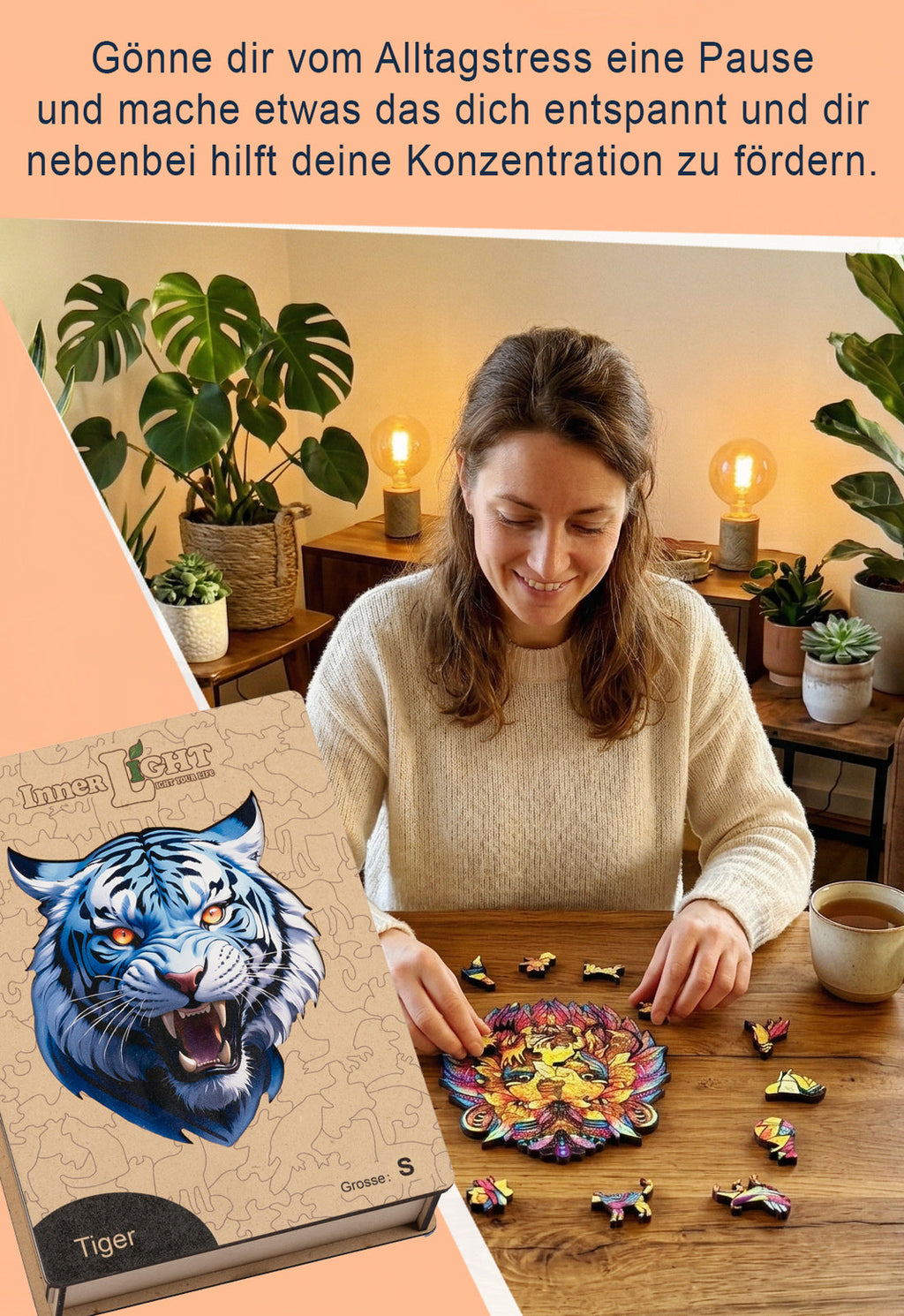 Tiger – Dynamisches Tigerporträt als hochwertiges Holzpuzzle